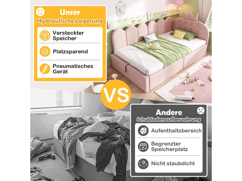  Lit enfant 90x200 cm - lit coffre avec rangement hydraulique - tête de lit rembourrée - design couronne - velours - rose  - Conforama W