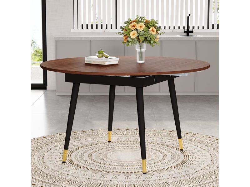  Table à manger extensible moderne se transformant de ronde à ovale en mdf noir noyer avec accents dorés sur pieds métal gain de place  - Conforama D