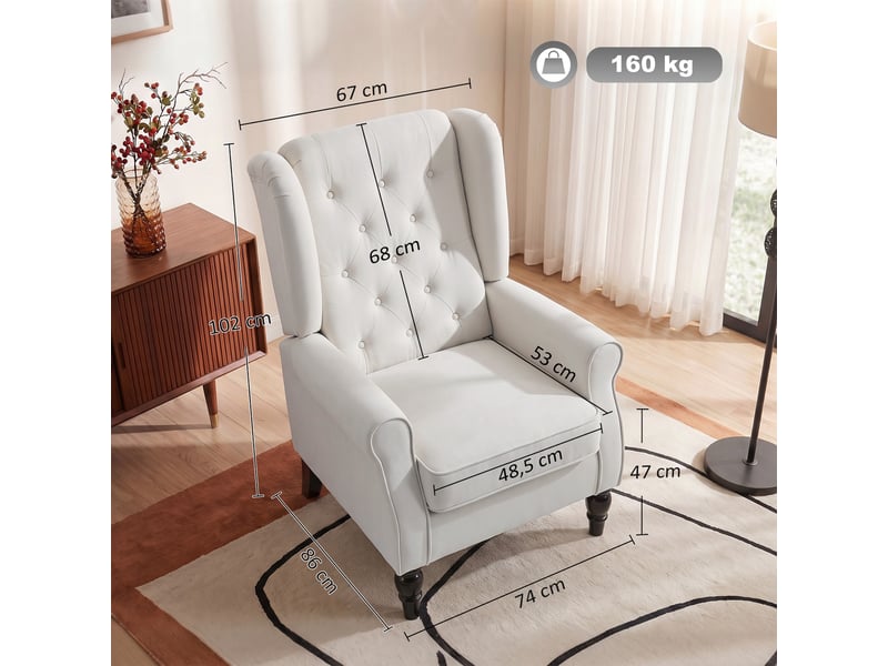  Fauteuil de salon, fauteuil d'appoint mi-siècle moderne en flanelle neige avec haut dossier capitonné à oreilles, crème  - Conforama C