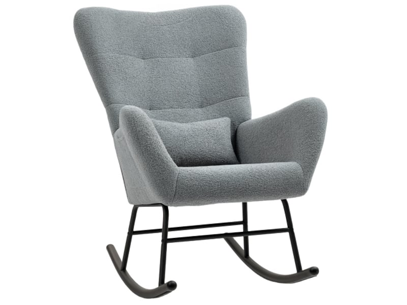  Fauteuil à bascule gris effet teddy avec accoudoirs, coussin lombaire, poche latérale et patins en bois  - Conforama A