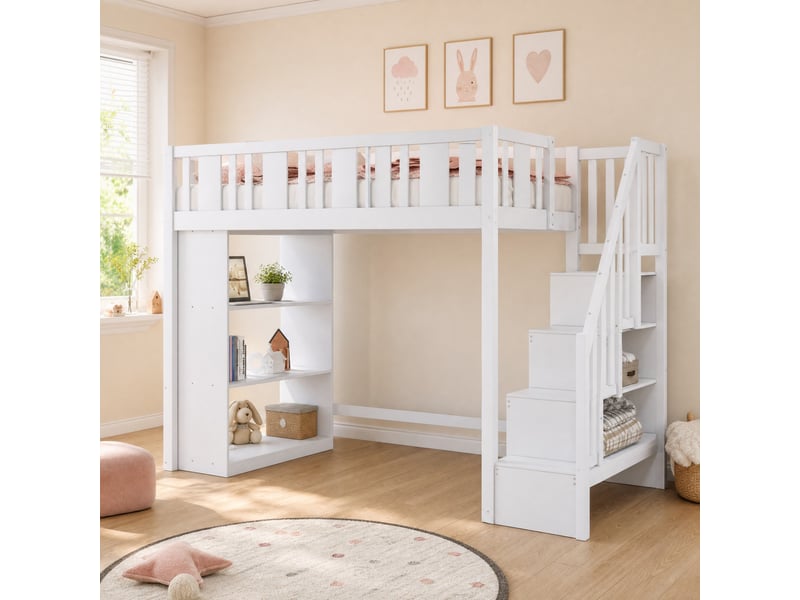 Lit mezzanine 90x200 cm avec rangement et échelle de sécurité en pin massif blanc - Conforama C