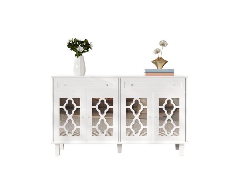  Buffet blanc à 4 portes miroir, 2 tiroirs et étagère réglable  - Conforama A