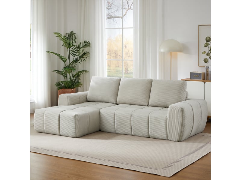 Canapé d'angle en velours côtelé avec coussins amovibles 4 places beige sans montage - Conforama R