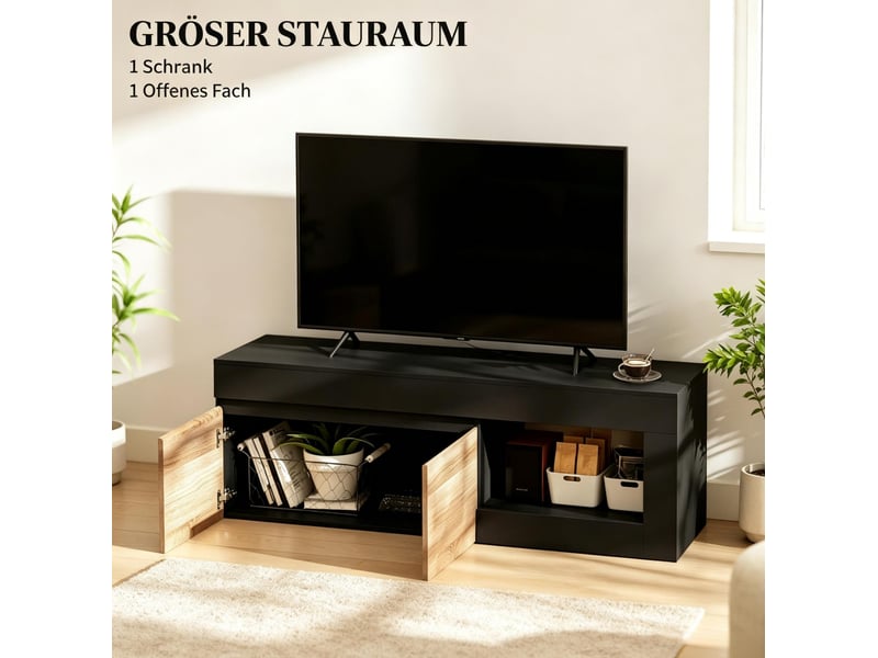  Meuble tv avec 2 portes, étagère ouverte et fermeture amortie pour salon, noir et bois naturel, 140 × 40 × 48 cm  - Conforama E