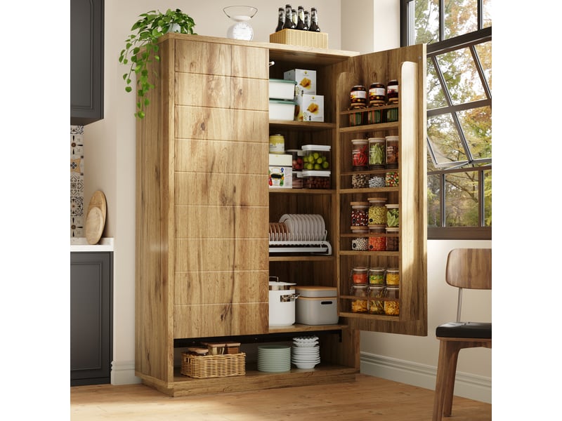  Buffet de cuisine haut effet chêne clair à 2 portes et 8 niveaux, 100 cm Fay Lum - Conforama B