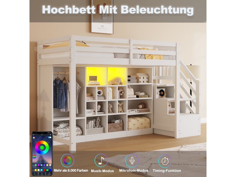 Lit mezzanine 90x200 blanc avec armoire intégrée, escalier avec rangement et éclairage led, cadre en bois robuste pour enfant.  - Conforama C