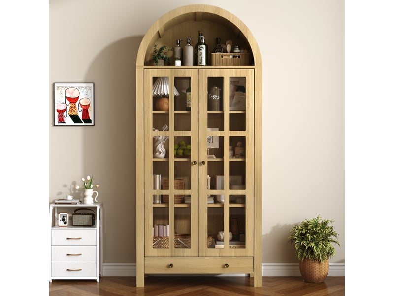  Armoire haute arquée moderne avec étagères réglables et tiroir, vitrine multifonction  - Conforama B
