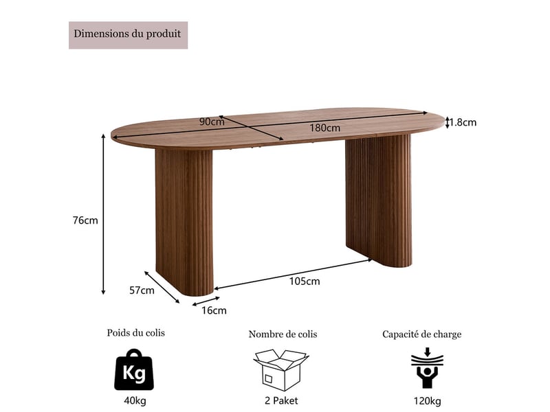 Table à manger ovale - 180 cm table mdf de moderne - pour 6-8 personnes - mdf - couleur noyer - Conforama E