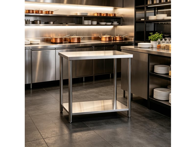 Desserte de travail polyvalente en acier inoxydable argenté 90 x 60 x 86 cm, 2 niveaux à pieds réglables  - Conforama B