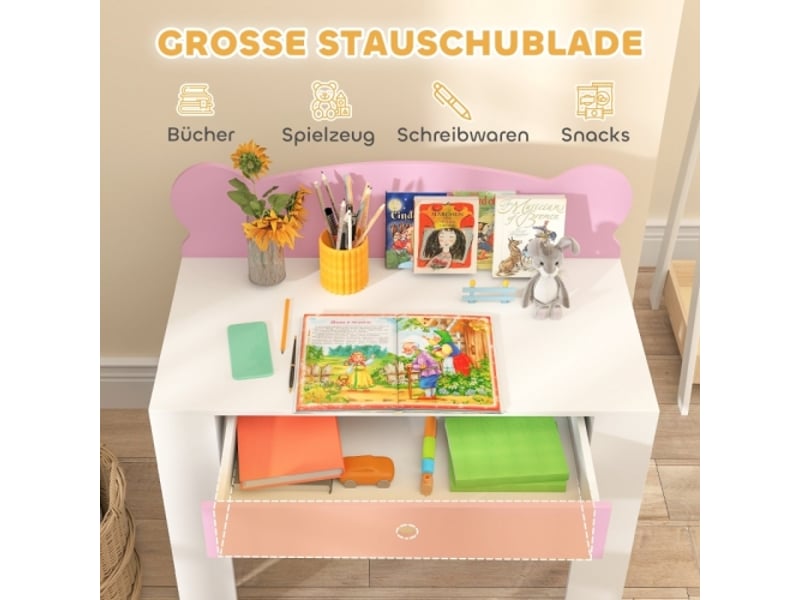  Bureau enfant rose avec chaise, plateau et tiroir, forme ours, pour filles et garçons, bois  - Conforama D