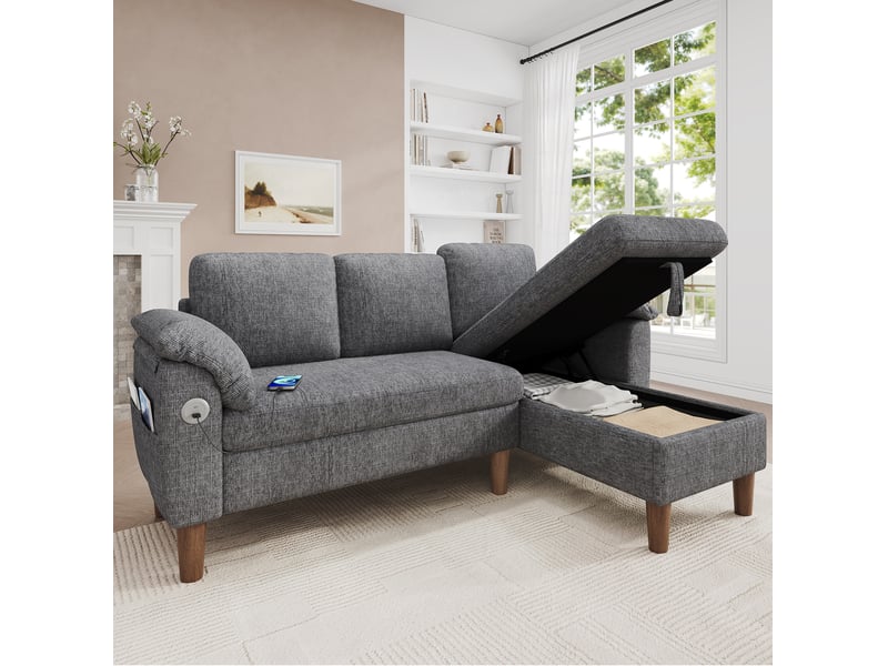 Canapé d'angle réversible 3 places avec coffre, ports usb et type-c, poches latérales en chenille gris clair - Conforama B
