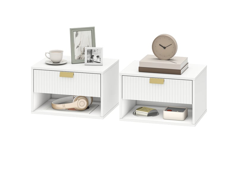  Lot de 2 tables de chevet murales, tables de nuit suspendues avec tiroir rainuré et étagère ouverte, 40 x 30 x 25 cm, blanc  - Conforama B