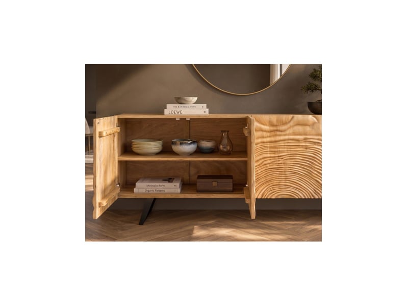  Buffet gaïa 177 cm en bois massif de manguier clair – 4 portes – façades sculptées – marron et noir  - Conforama E