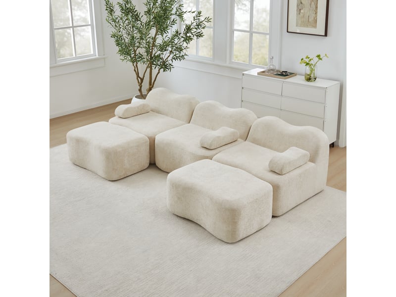  Canapé panoramique en u modulaire 3 places avec assises profondes et poufs, pour salon, en velours beige  - Conforama C