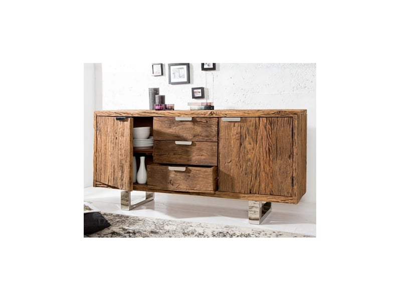 Buffet rafta 160 cm en bois massif de teck – 2 portes, 3 tiroirs et pieds en acier argenté - Conforama E