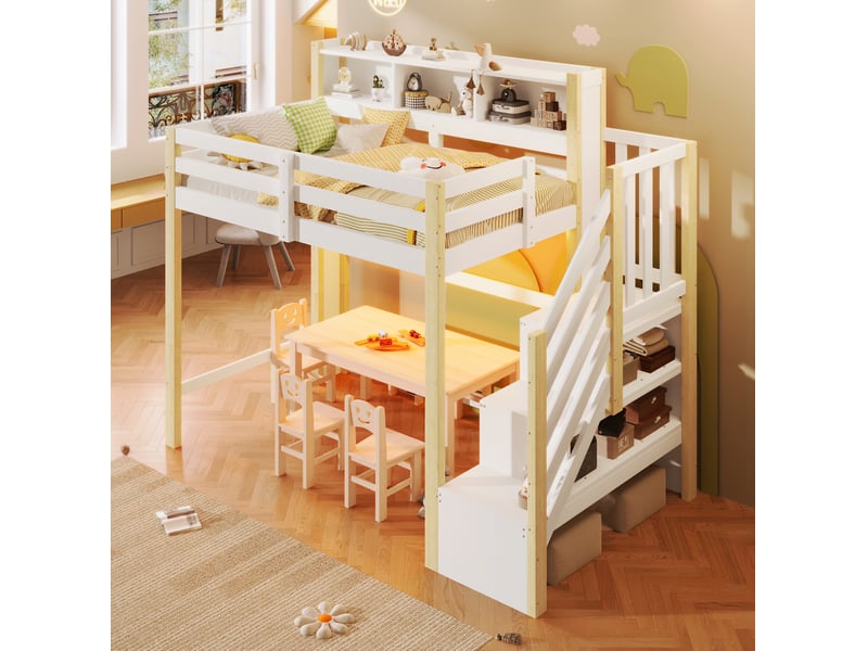  Lit mezzanine enfant 90x200 cm avec led et rangement coloris blanc et naturel  - Conforama D