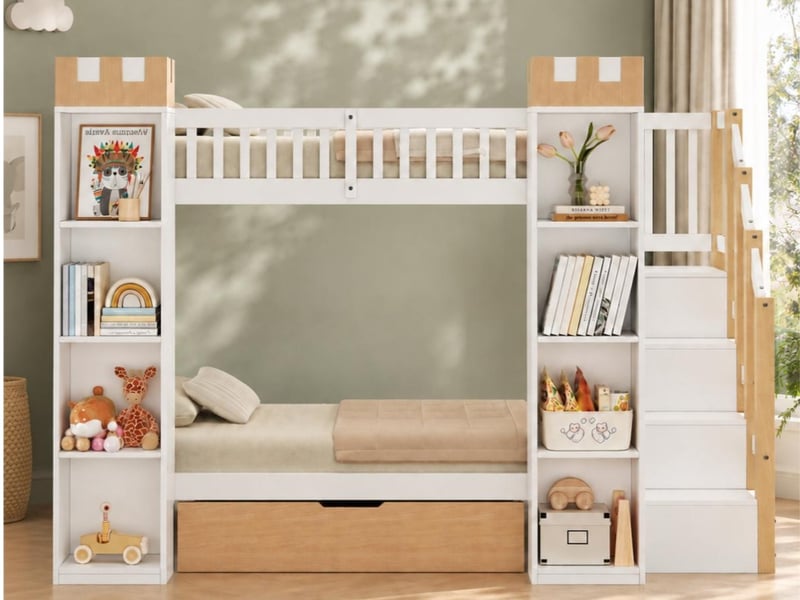  Lit mezzanine,90x200 cm,avec échelle rangement,bois pin,blanc et naturel  - Conforama B