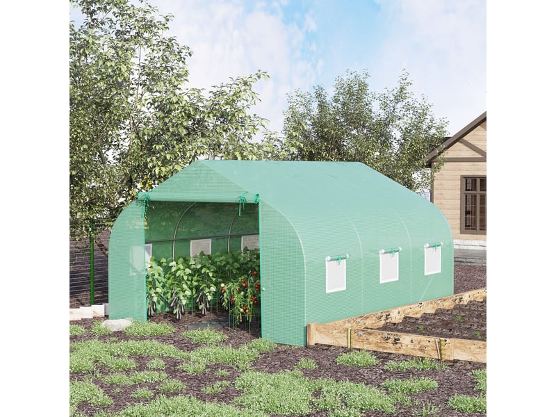  Serre de jardin de 3,5 x 3 x 2 m avec toit incliné en polyéthylène, porte et 6 fenêtres, verte  - Conforama C