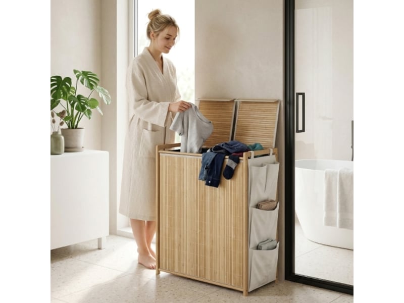  Panier à linge en bambou naturel 120l avec sac amovible à cordon et poches latérales de rangement  - Conforama B