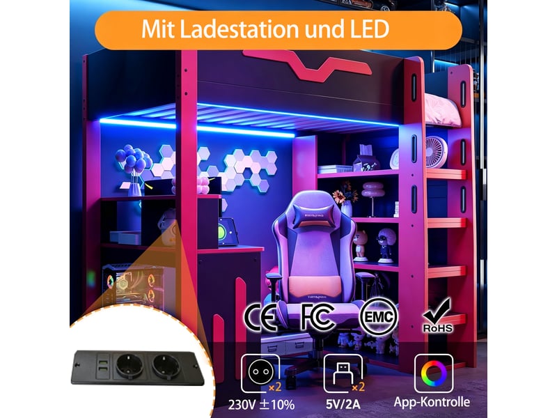 Lit mezzanine 90x200 cm noir, avec bureau, rangements, 4 étagères, escalier de rangement, led, sommier inclus, sans matelas - Conforama B