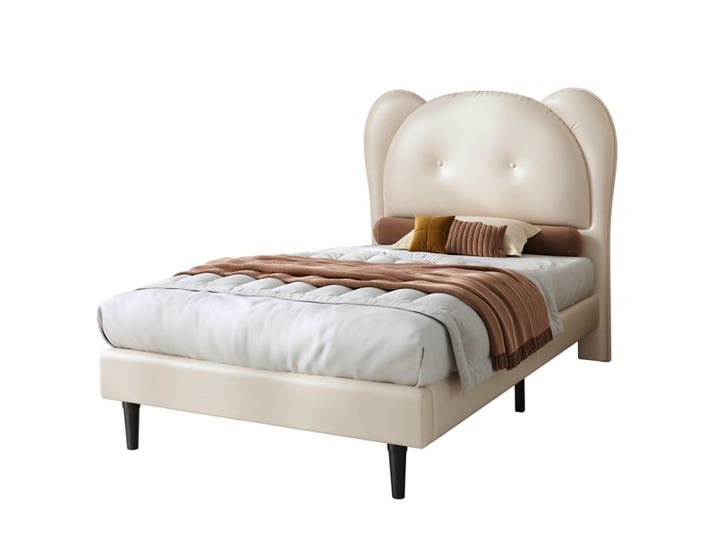  Lit simple enfant 90x200 cm avec tête de lit en forme d'animal et sommier à lattes, pu, beige, sans matelas  - Conforama A
