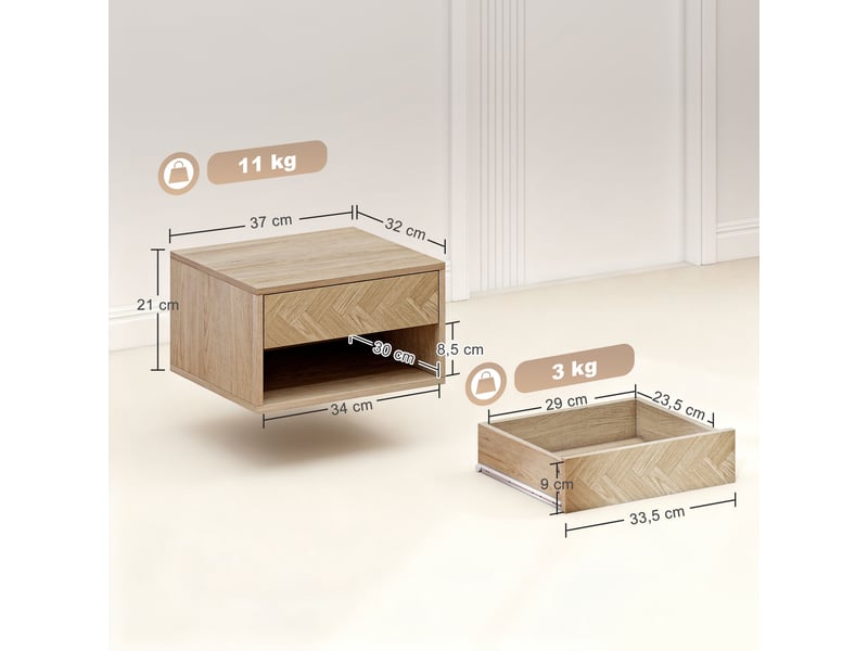  Lot de 2 tables de chevet murales, tables de nuit, tiroir, compartiment ouvert, plateau, 37 x 32 x 21 cm, bois naturel  - Conforama E
