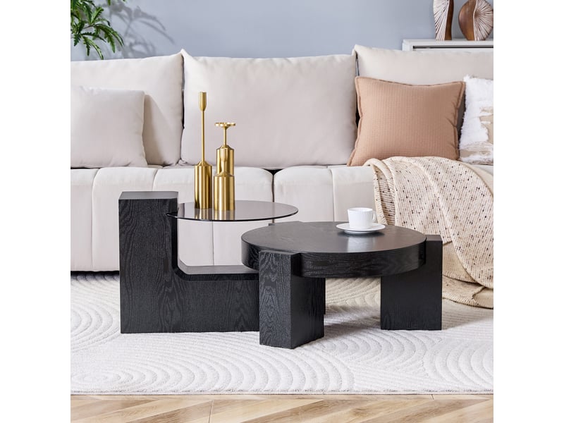 Tables basses gigognes rondes 2 niveaux avec rangement pour salon en mdf et verre ø61×30 cm noir - Conforama C