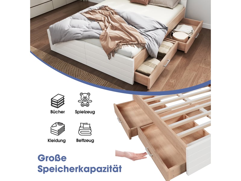  Cadre de lit, lit double 160x200 cm, 2 tiroirs, sommier à lattes, bois massif chêne blanc et clair, matelas inclus  - Conforama D