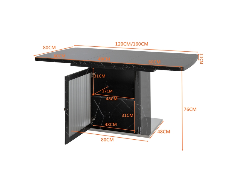 Table de salle à manger extensible avec meuble de rangement et étagère réglable en mdf noir, 120-160×80×76 cm - Conforama D