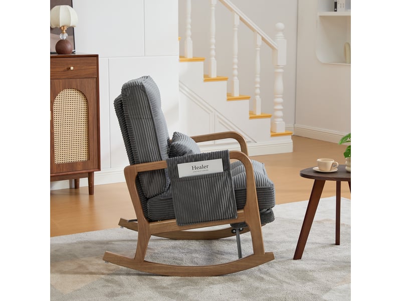  Fauteuil à bascule gris en velours côtelé avec repose-pieds intégré et dossier réglable - 70x80x92cm  - Conforama R