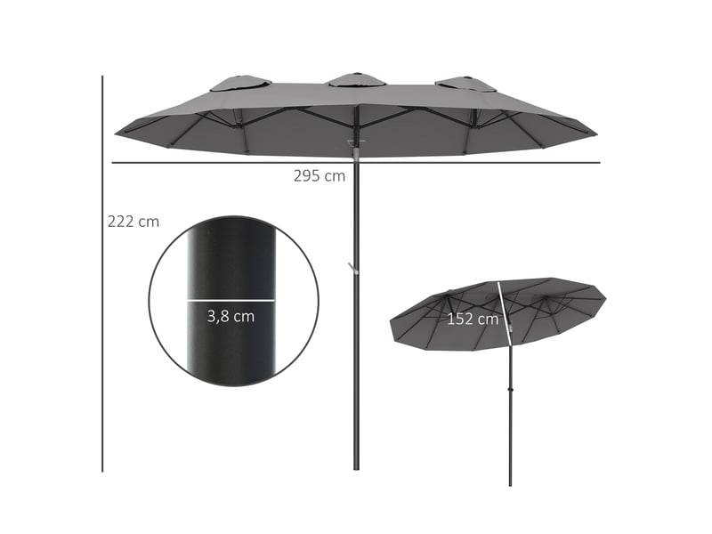  Parasol de jardin double grande taille ouverture fermeture manivelle acier polyester 295 x 152 x 222 cm gris  - Conforama E
