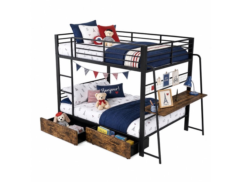  Lit superposé 140x200 cm, lit double avec bureau et 2 tiroirs métal couleur noir sans matelas  - Conforama A