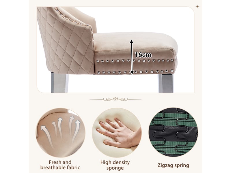 Chaises de salle à manger 6 pcs, dossier orné d'un marteau, rembourrage velours beige et cloutage, piétement métallique.  - Conforama D