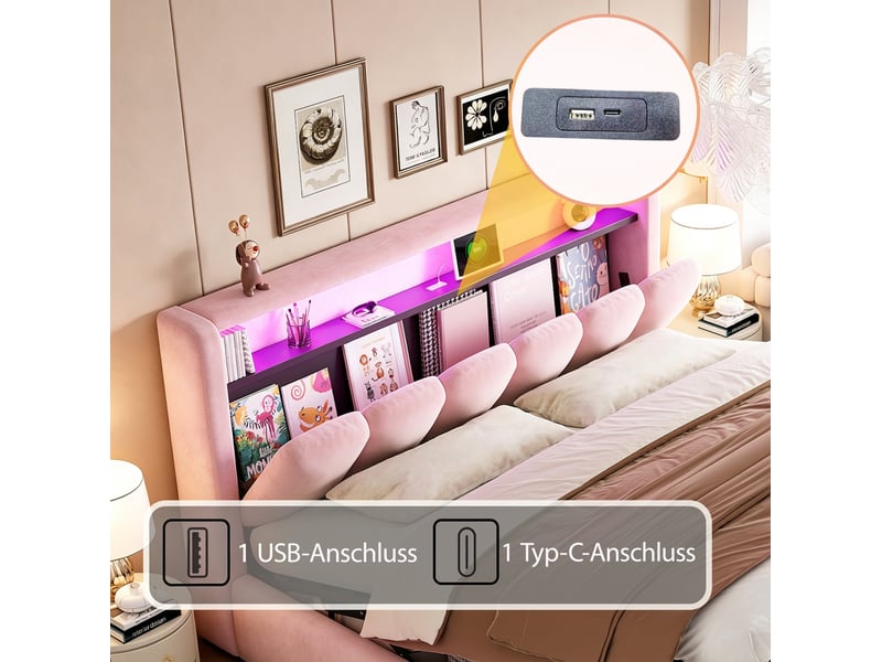 Lit coffre 180 × 200 cm 2 places avec rangement hydraulique, led, usb et type-c, sans matelas, velours rose - Conforama E