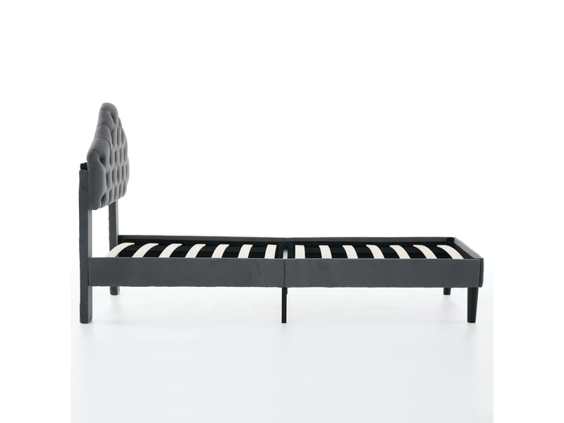 Lit 1 place gris en velours 90x200 cm avec tête de lit réglable et lattes bois - Conforama E