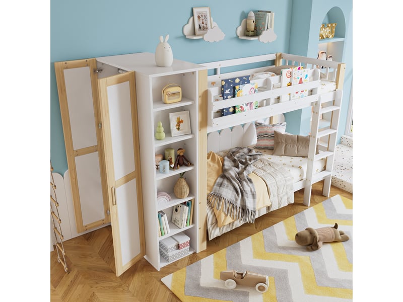  Modenvie lit superposé enfant 90x200 cm - avec rangements latéraux et armoire, sans matelas - blanc  - Conforama E