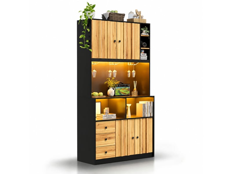 Meuble haut de cuisine avec vitrine, bar à vin, éclairage led rgb et prises usb, noir et bois naturel - Conforama A
