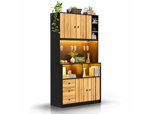 Meuble haut de cuisine avec vitrine, bar à vin, éclairage led rgb et prises usb, noir et bois naturel