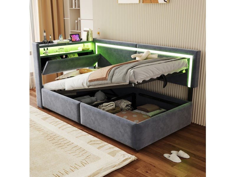  Lit simple 90x200 cm avec rangement hydraulique led et usb en velours gris  - Conforama D