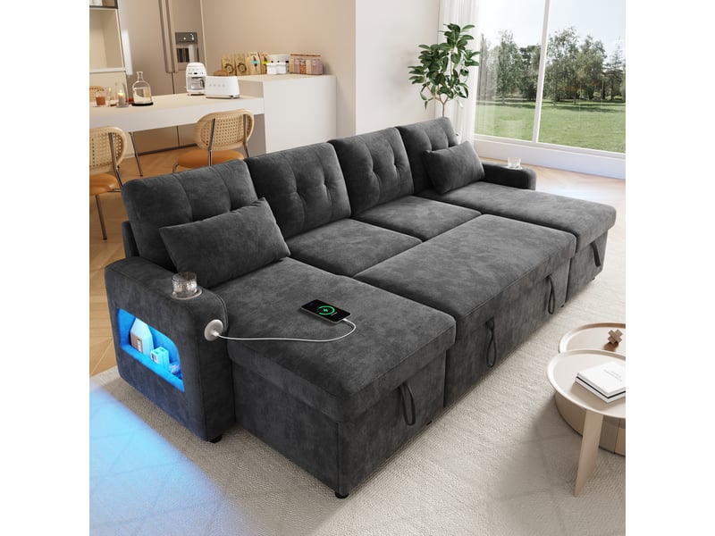  Canapé d’angle convertible en u 266 x 131 x 85 cm 4 places, double méridienne, coffre, porte-gobelets, led, usb, rangement accoudoirs, gris Bliss Lite - Conforama D