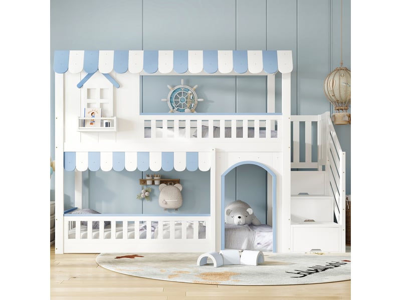  Lit superposé enfant blanc et bleu 90 x 200 cm avec escalier de rangement  - Conforama C