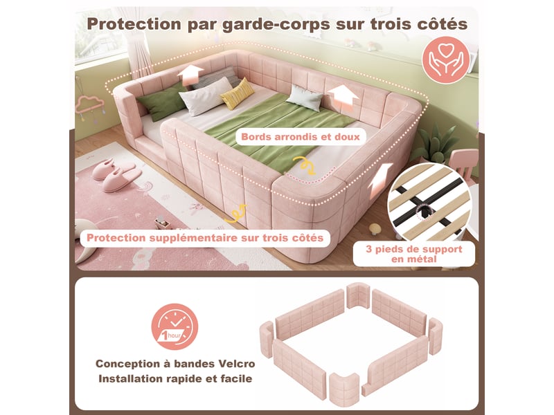  Lit enfant au sol rembourré 140 x 200 cm avec barrière périphérique et entrée basse, sommier à lattes inclus, en tissu chenille rose, sans matelas  - Conforama D