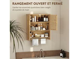 Armoire murale de salle de bain en bambou avec 2 portes ajourées, bois naturel, compartiment ouvert et étagère réglable