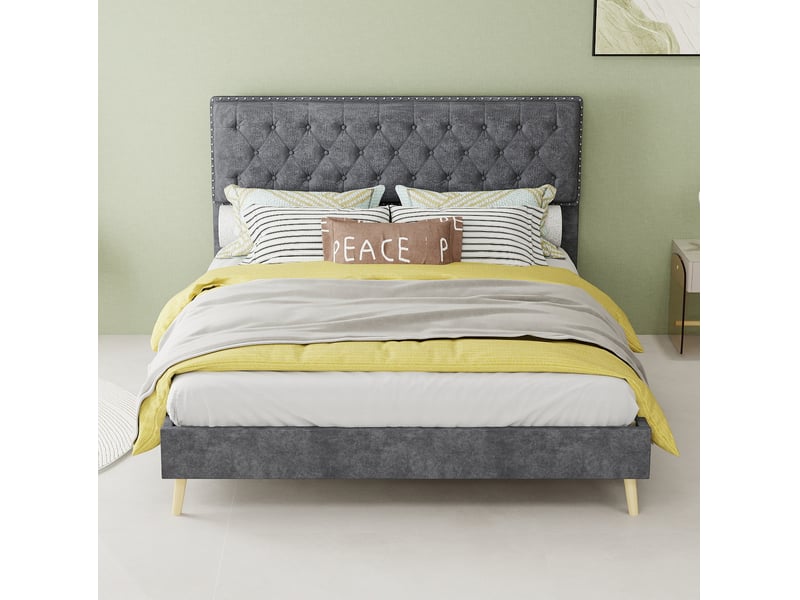  Lit adulte 140 x 200 cm, sans matelas, velours gris, doté de tête de lit moelleuse et sommier, lit 2 places  - Conforama E
