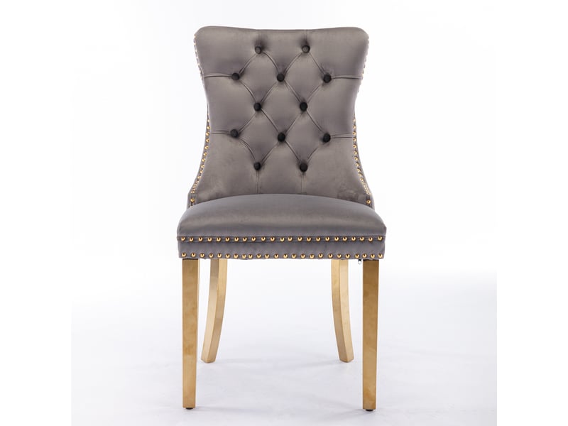  Lot de 2 chaises velours gris, pieds dorés et cloutage - design contemporain premium  - Conforama A