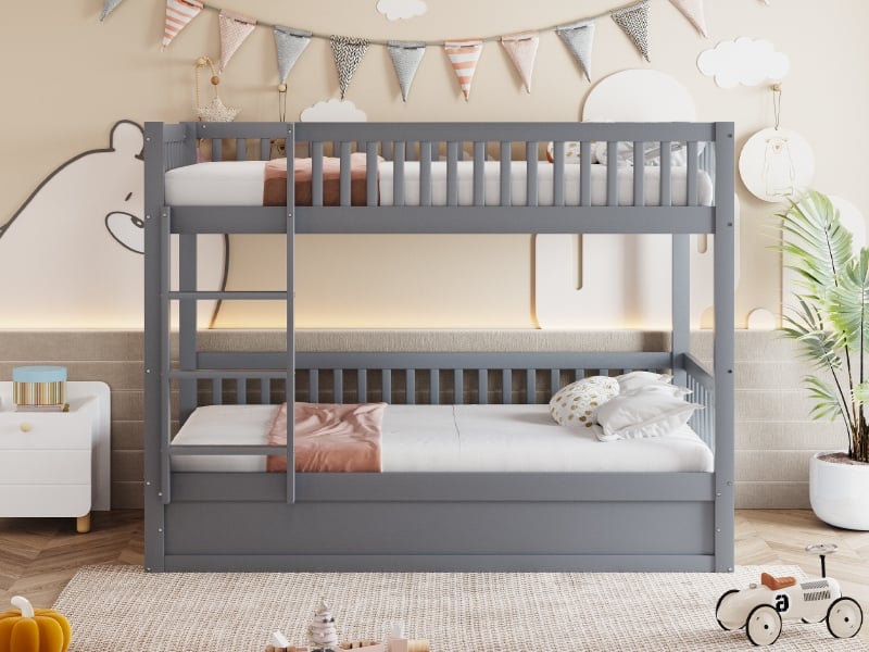  Lit superposé 90 x 200 cm en bois massif avec système de rangement hydraulique, robuste et durable, ​​gris  - Conforama B
