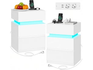 Table d'appoint, avec 2 tiroirs, éclairage led réglable et station de charge, pour chambre, 35 × 40 × 55 cm