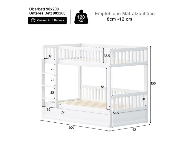  Lit superposé enfant 90 x 200 cm blanc avec rangement hydraulique  - Conforama E