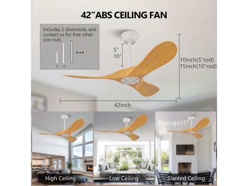  Ventilateur de plafond 107 cm sans éclairage 3 pales abs blanc et naturel réversible 6 vitesses télécommande silencieux  - Conforama E