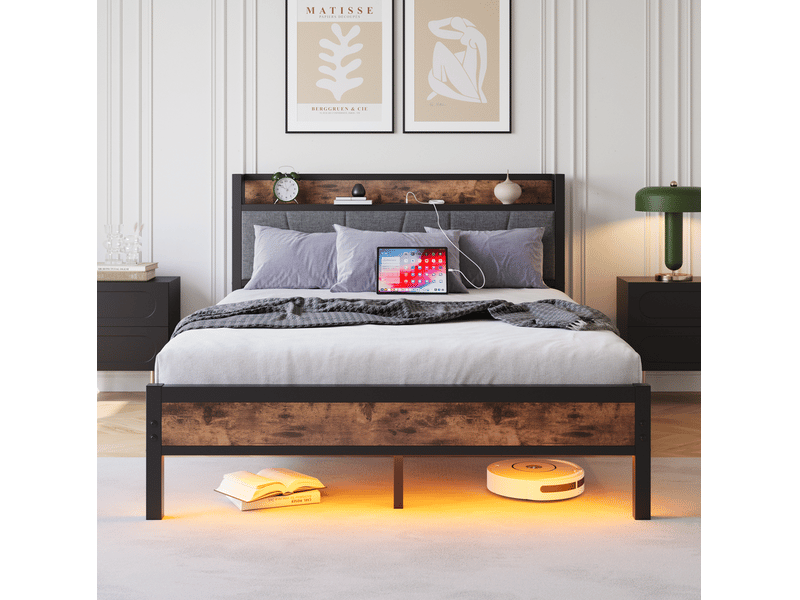  Lit cadre 120x200 cm, tête de lit de rangement, station de charge usb, éclairage led, en mdf et métal, marron antique, sans matelas  - Conforama E